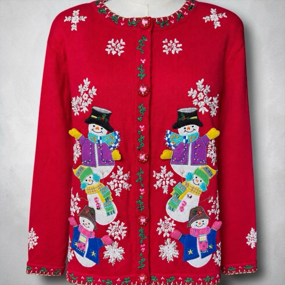 Michael Simon Snowman Christmas Cardigan Sweater XL Beaded Embroidered Vintage